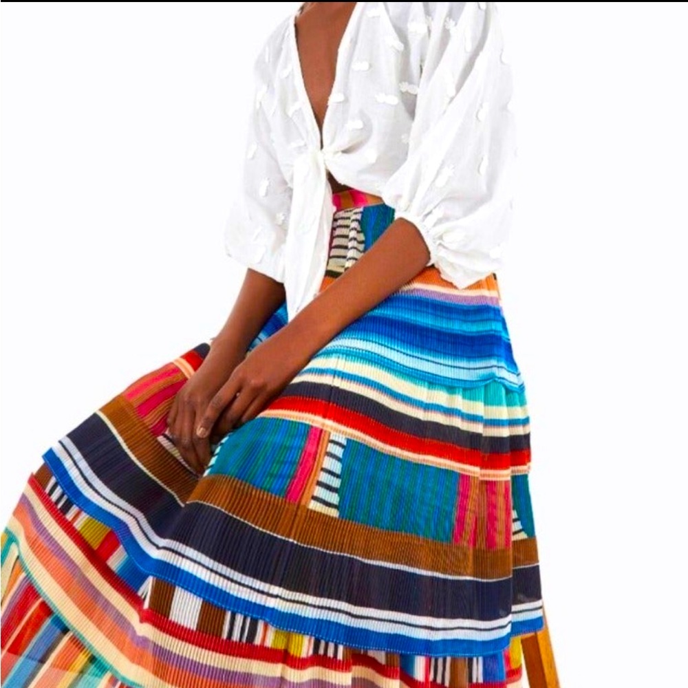 New FARM Rio Skirt Thalita Striped Micro Pleat Midi Size Large